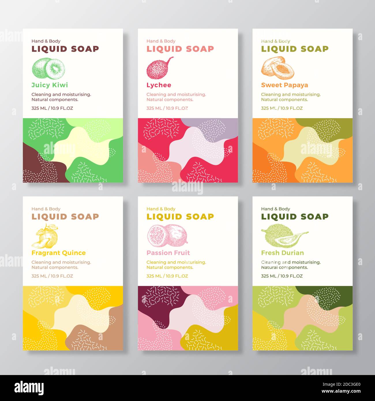 Liquid Soap Label Templates Collection. Abstract Shapes Camo Background