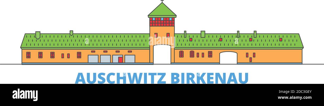 Poland, Auschwitz Birkenau line cityscape, flat vector. Travel city landmark, oultine illustration, line world icons Stock Vector