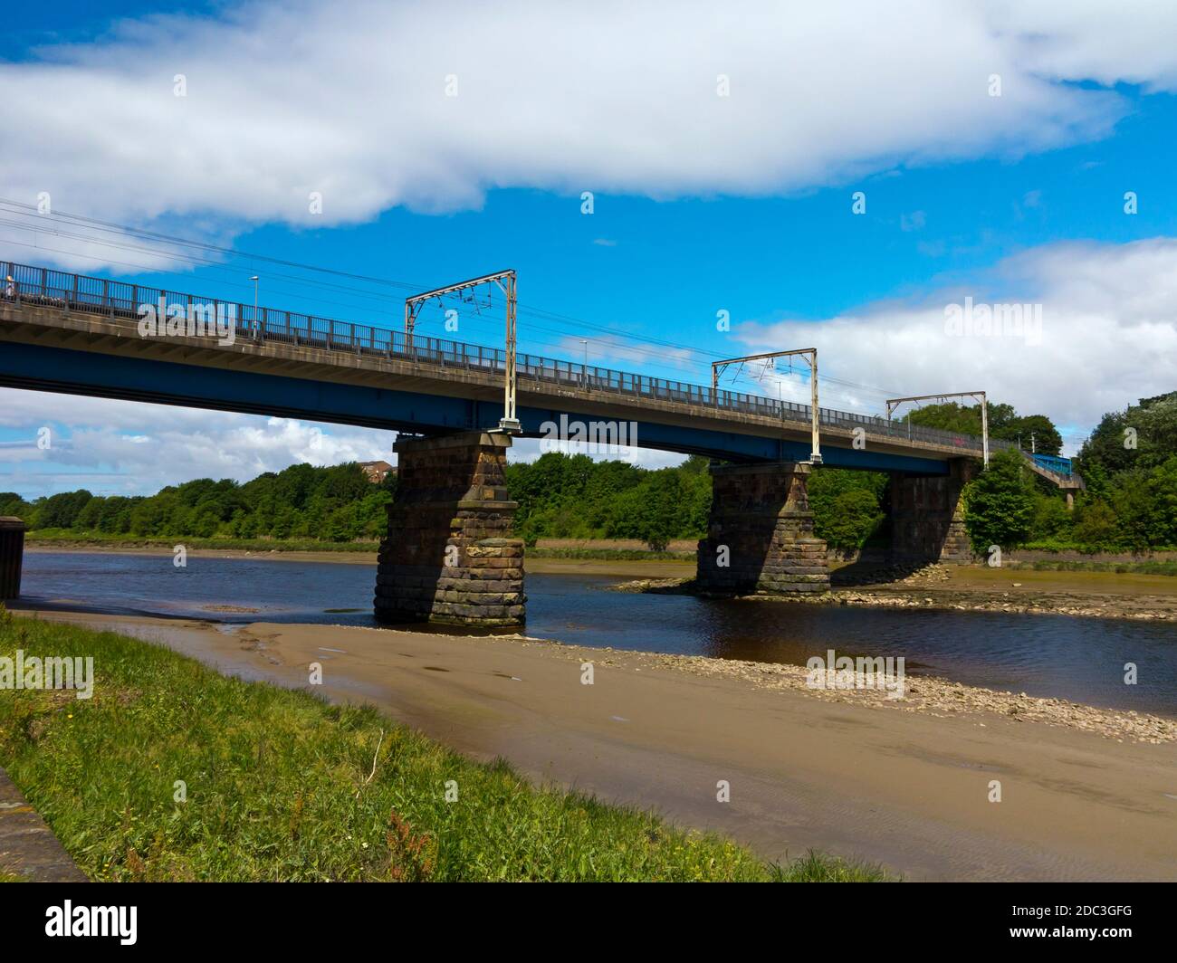 West Coast Mainline railway Bridge over the River Lune in Lancaster a city in Lancashire north west England UK. Stock Photo