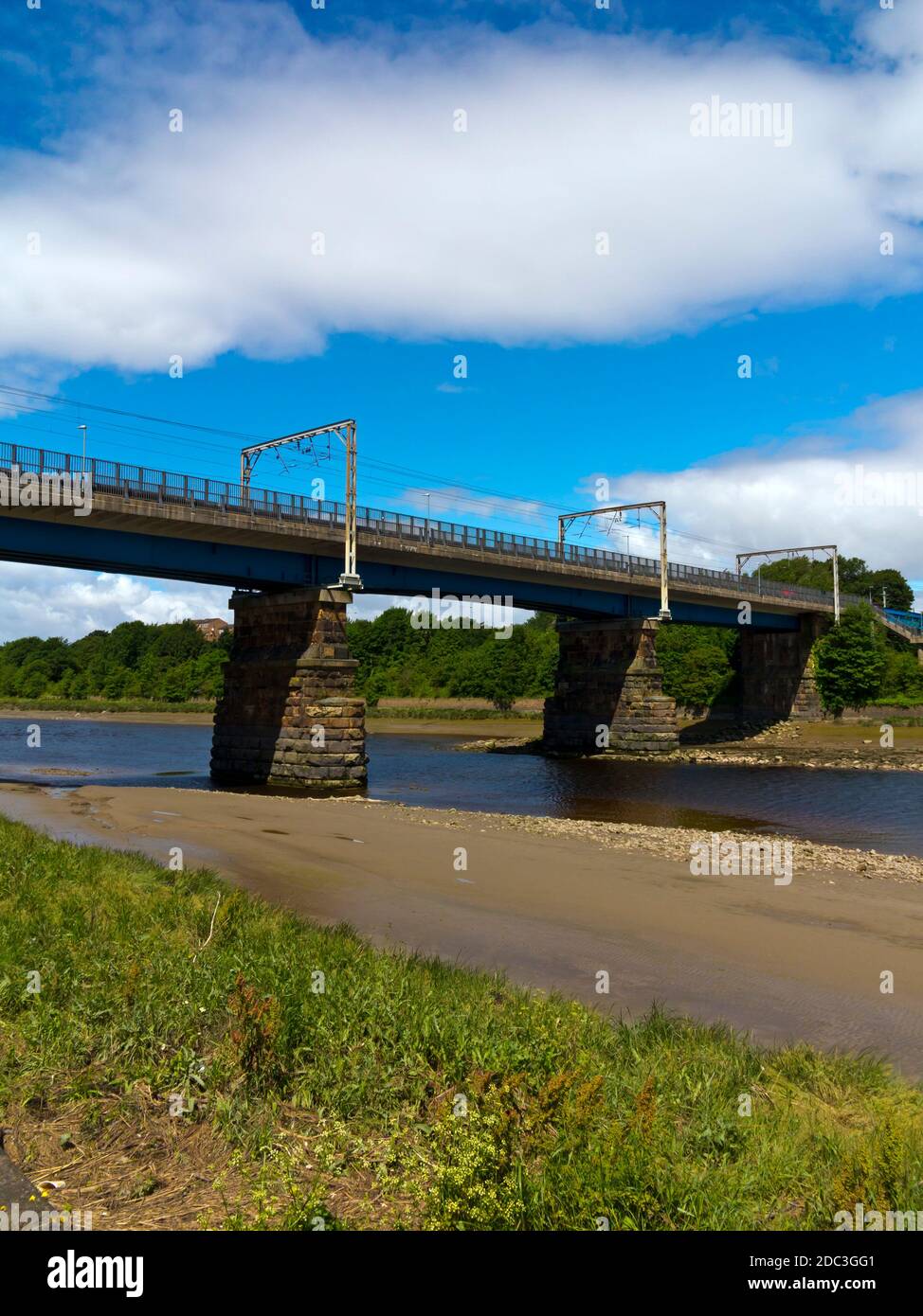 West Coast Mainline railway Bridge over the River Lune in Lancaster a city in Lancashire north west England UK. Stock Photo