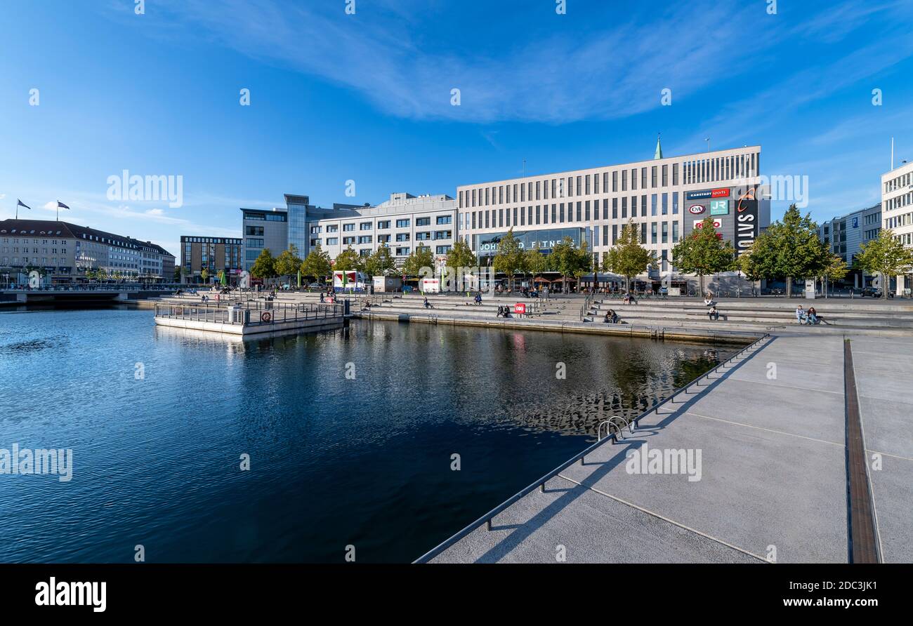 The new waterside public space Bootshafen, in the town centre of Kiel, Germany. The lake connects to the Kleiner Kiel and the Baltic. Stock Photo