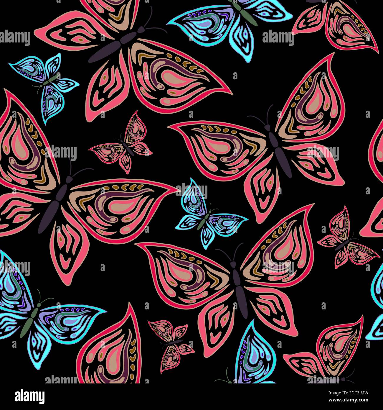 Seamless pattern with handdrawn butterfly on a black background. For ...
