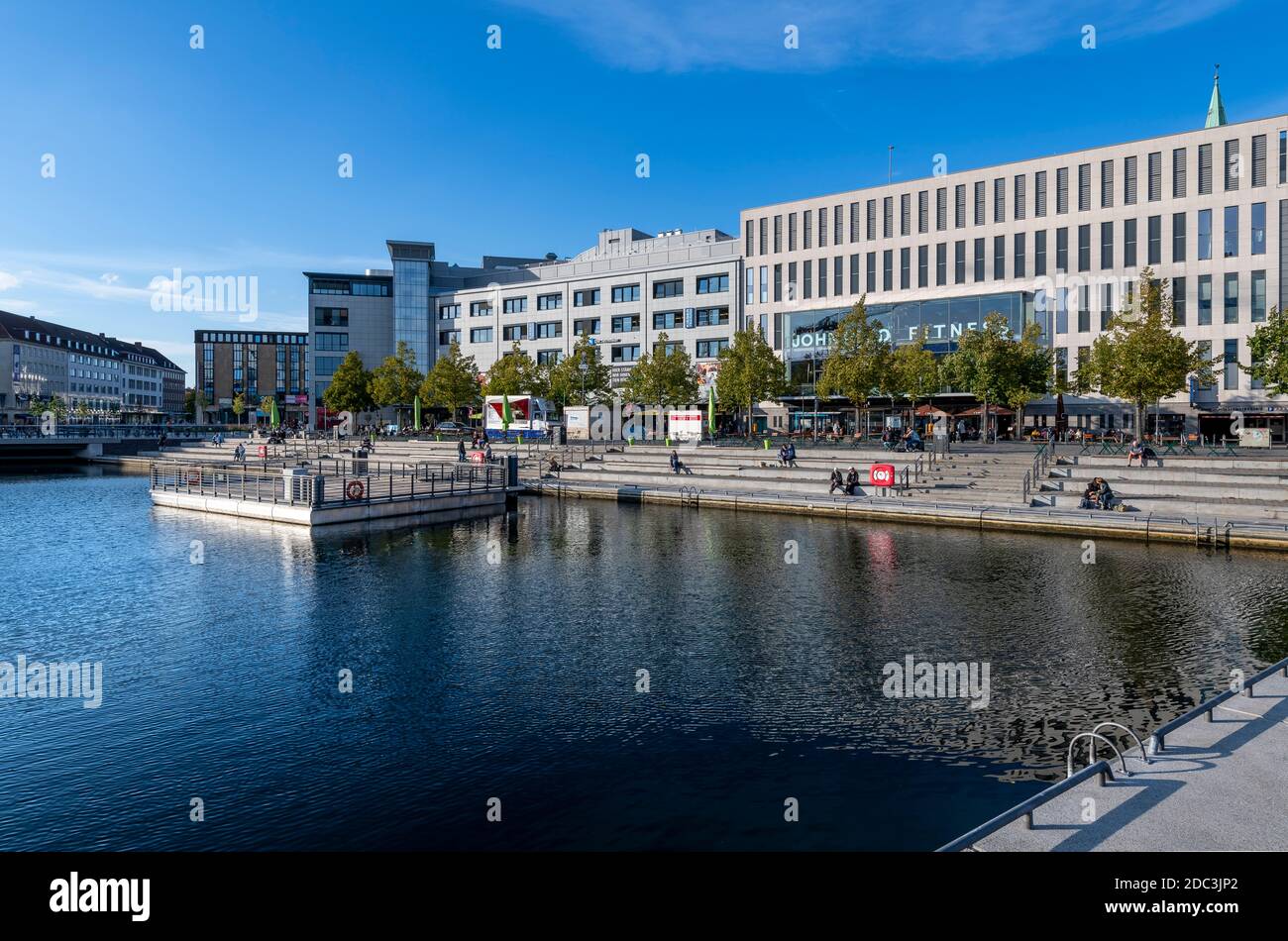 The new waterside public space Bootshafen, in the town centre of Kiel, Germany. The lake connects to the Kleiner Kiel and the Baltic. Stock Photo