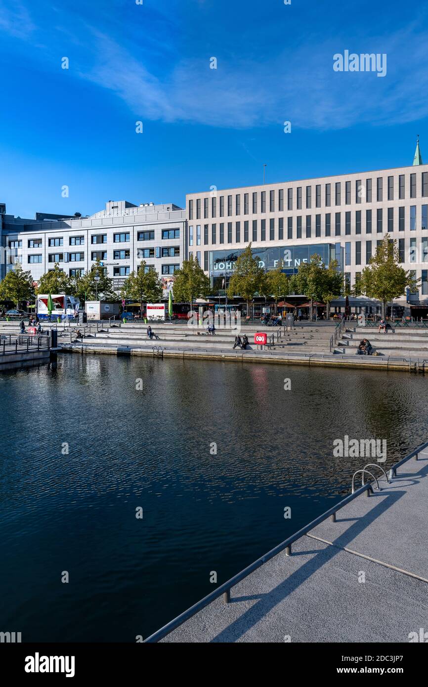 The new waterside public space Bootshafen, in the town centre of Kiel, Germany. The lake connects to the Kleiner Kiel and the Baltic. Stock Photo