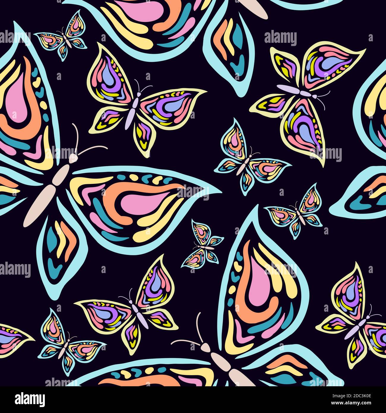 Seamless pattern with handdrawn butterfly on a black background. For ...
