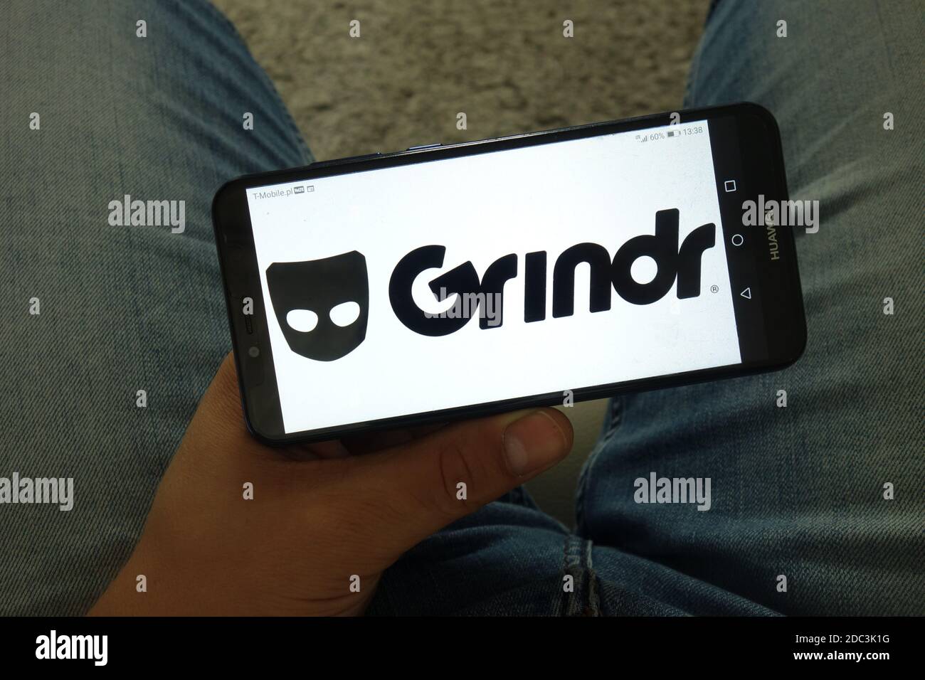 KONSKIE, POLAND - June 29, 2019: Grindr dating application logo displayed on mobile phone Stock Photo