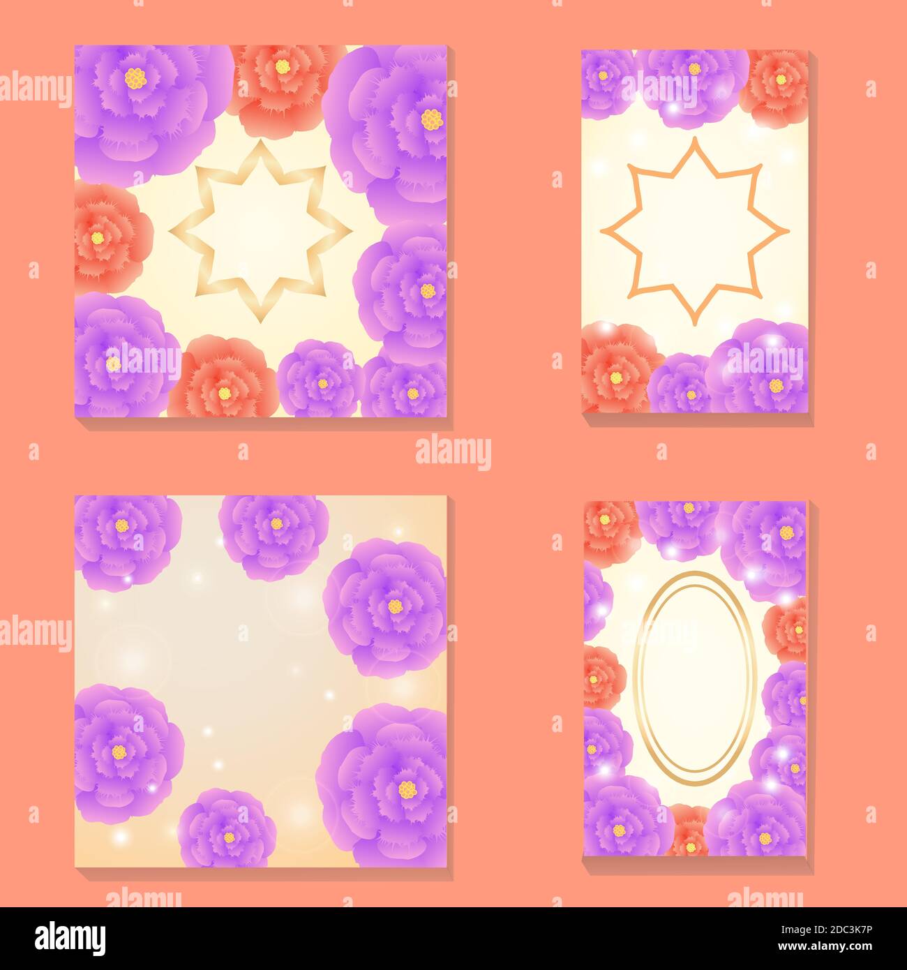square and rectangular cards with the image of multi-colored stylized peonies Stock Vector