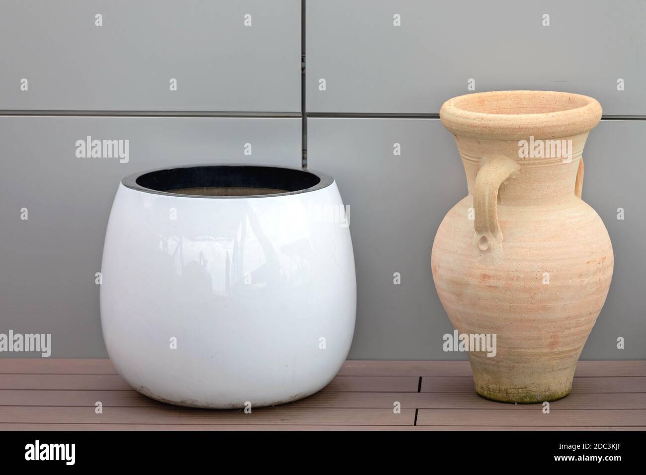 New Ceramic Pot and Old Jug Earthware Pottery Terrace Stock Photo Alamy
