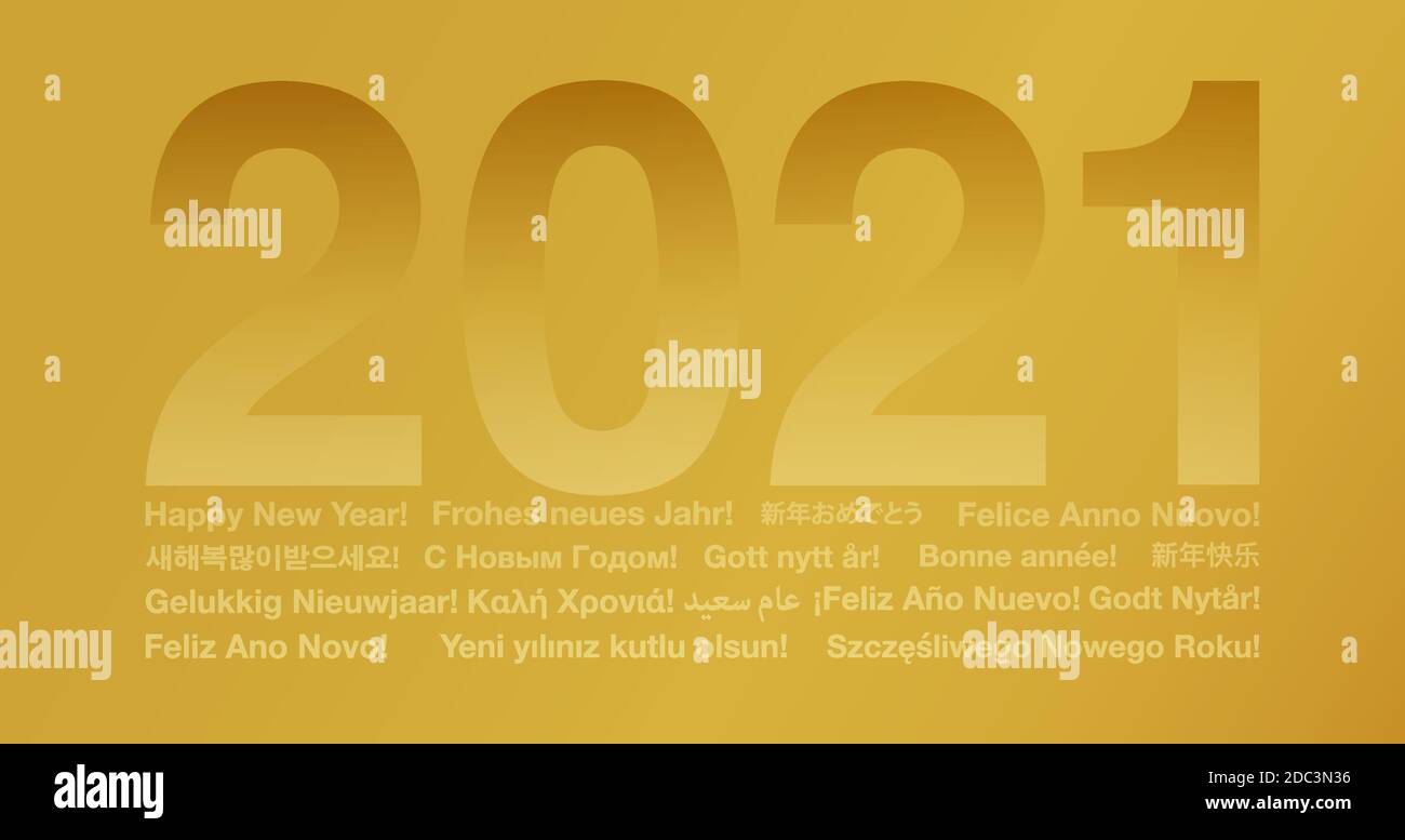 golden happy new year 2021 card in many different languages, greeting card with word cloud vector illustration Stock Vector