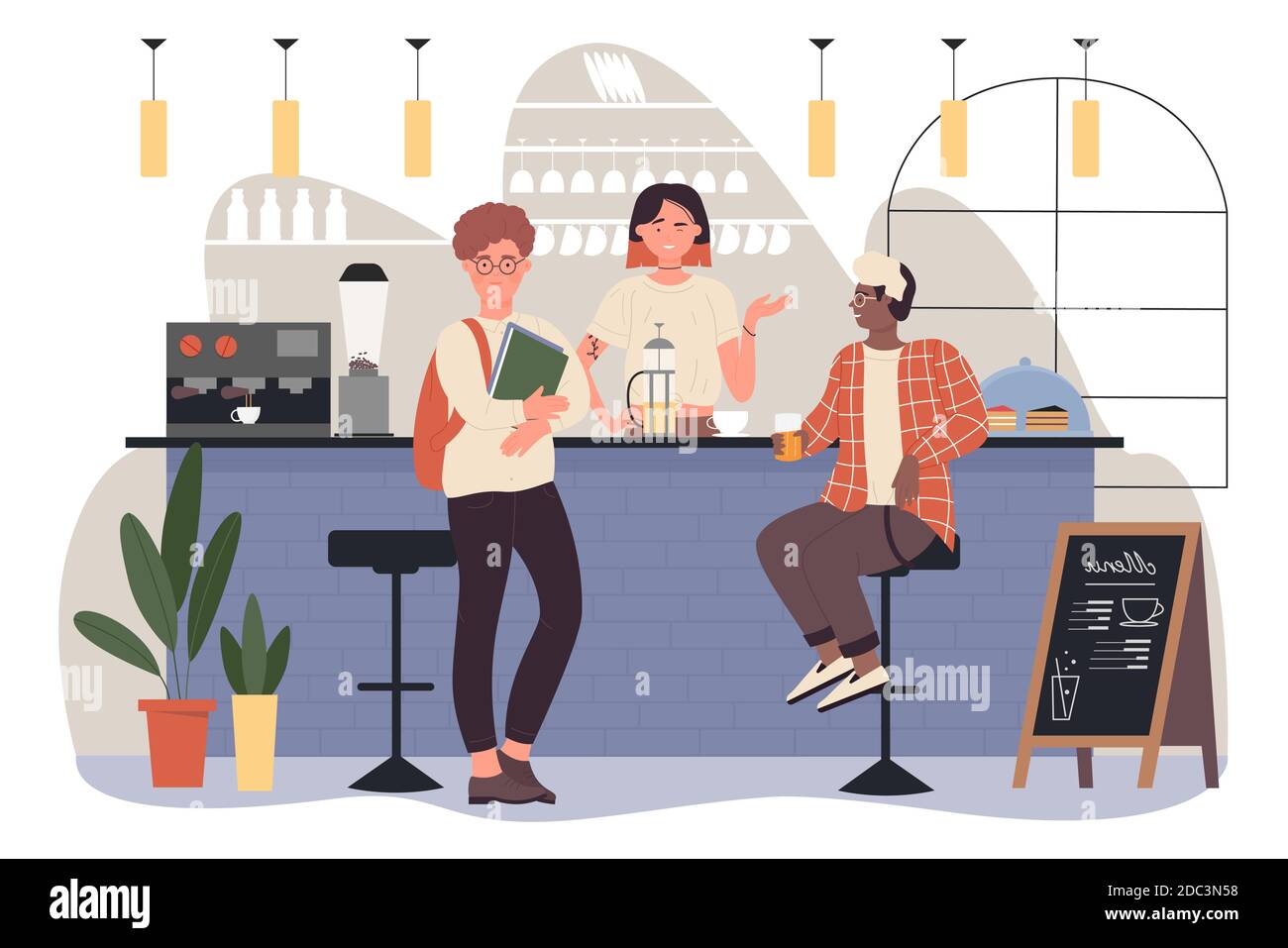 People on bar pub vector illustration. Cartoon woman bartender character working in coffeehouse, standing at bar counter, barista making hot coffee for clients, happy guys friends meeting background Stock Vector