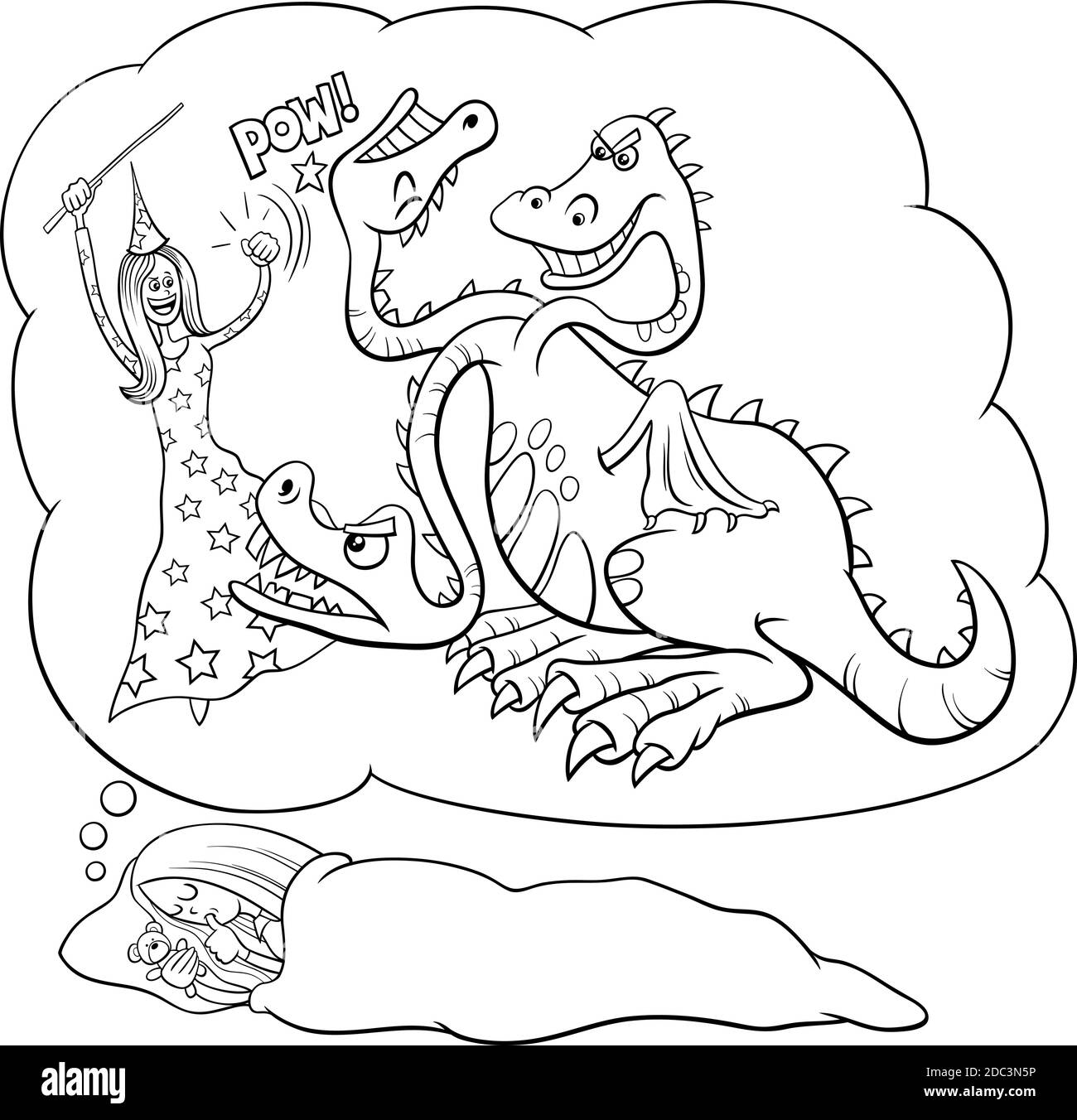 Black and white cartoon illustration of sleeping young girl dreaming about defeating the dragon coloring book page Stock Vector