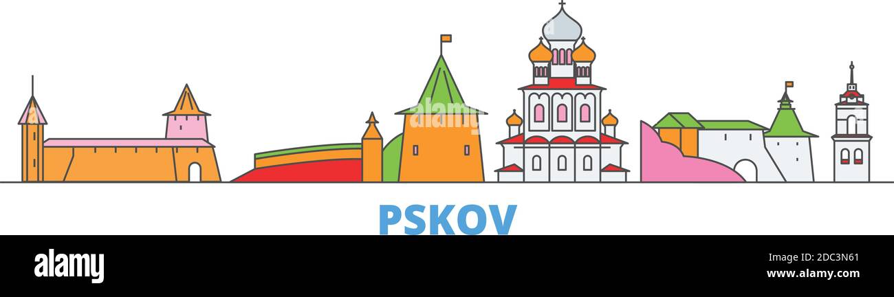Russia, Pskov line cityscape, flat vector. Travel city landmark, oultine illustration, line world icons Stock Vector