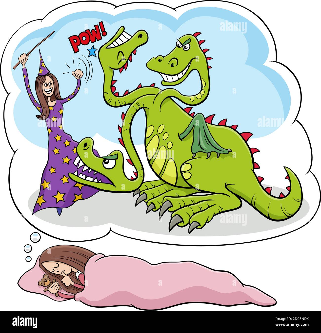 Cartoon illustration of sleeping young girl dreaming about defeating the dragon Stock Vector