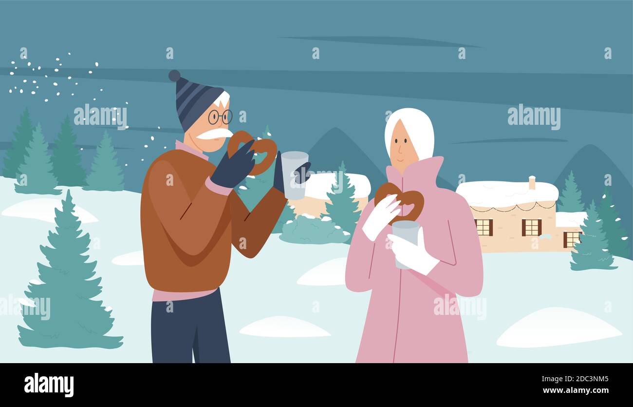 Elderly couple people enjoy Christmas winter holiday season vector illustration. Cartoon snow xmas winter landscape and senior man woman wearing warm clothes, drinking hot cocoa or coffee background Stock Vector