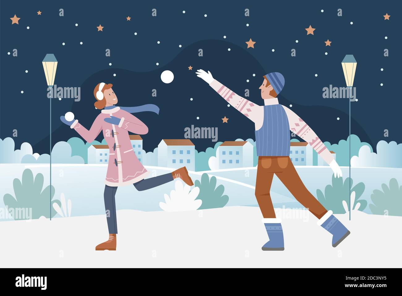 Couple people play snowballs at night on Christmas eve vector illustration.  Cartoon happy man woman characters playing snowballs winter games, running  in Christmas snow urban landscape background Stock Vector Image & Art -