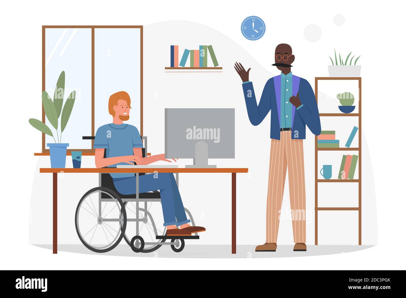 Disabled character working in business office vector illustration. Cartoon handicapped worker sitting in wheelchair behind computer and talking with man colleague in workplace room interior background Stock Vector