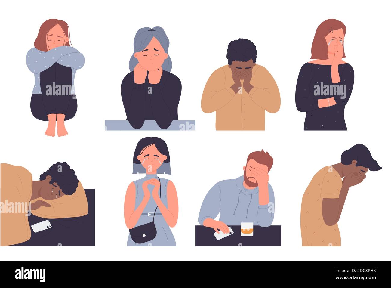 Depressed people vector illustration set. Cartoon sad unhappy stressed