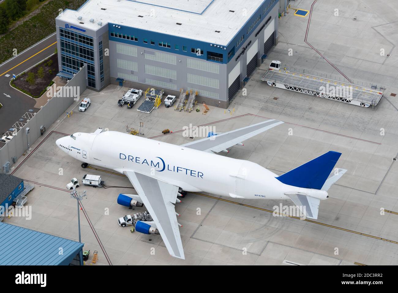Boeing 747 LCF Dreamlifter airplane Operation Center aerial view at Paine Field, Everett. Dreamlifter Large Cargo Transportation modified aircraft. Stock Photo