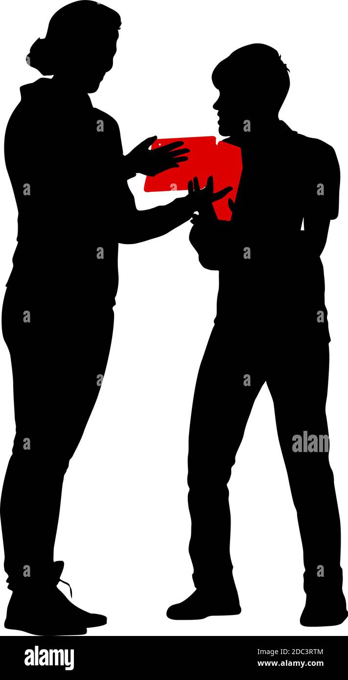 Black silhouettes man and woman with arm raised on a white background ...