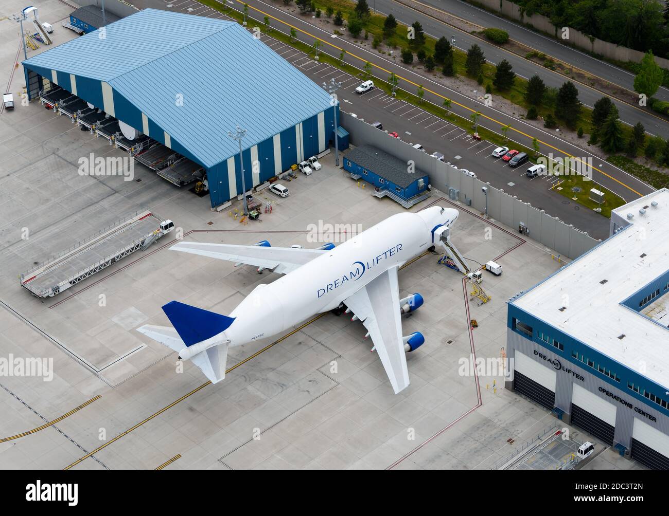 Boeing 747 LCF Dreamlifter airplane Operations Center aerial view at Paine Field, Everett. Dreamlifter Large Cargo Transportation modified aircraft. Stock Photo