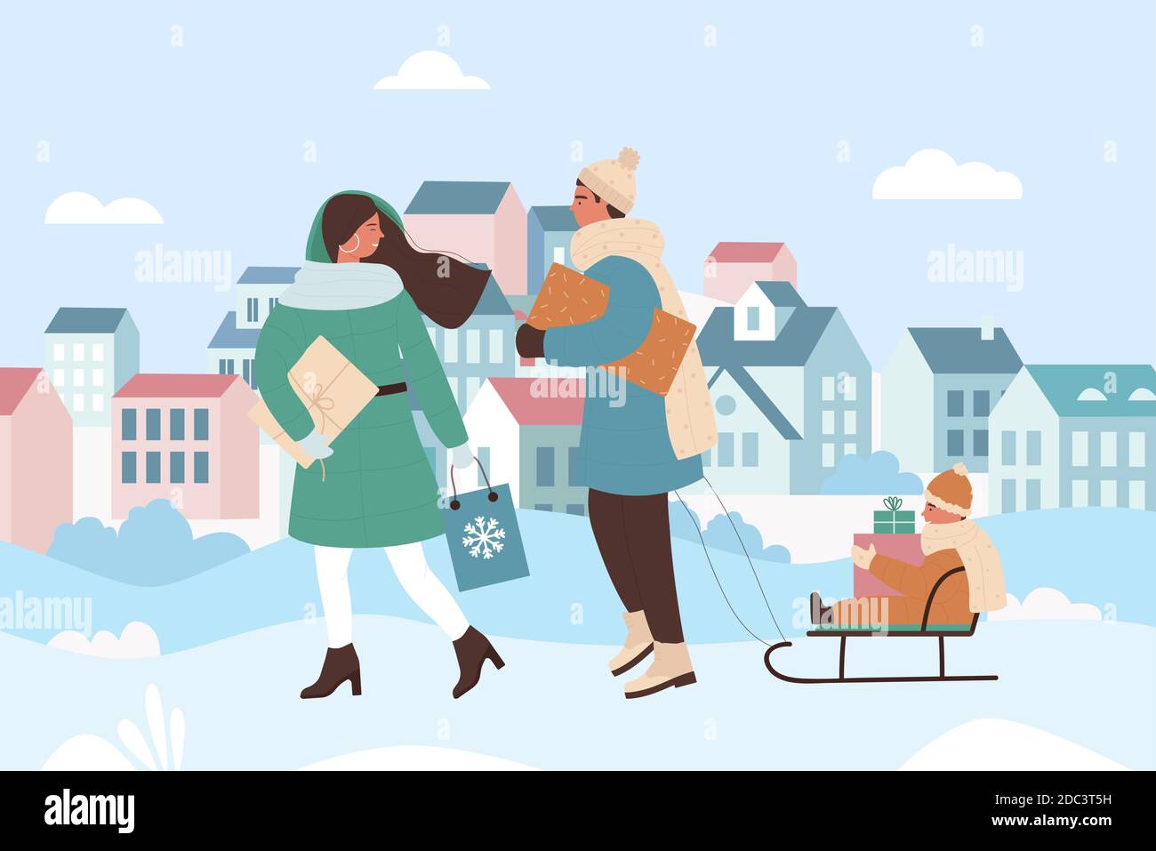 Family people walk in urban Christmas winter city landscape vector illustration. Cartoon snow cityscape with walking and sledding mother, father and child characters, holding xmas gifts background Stock Vector