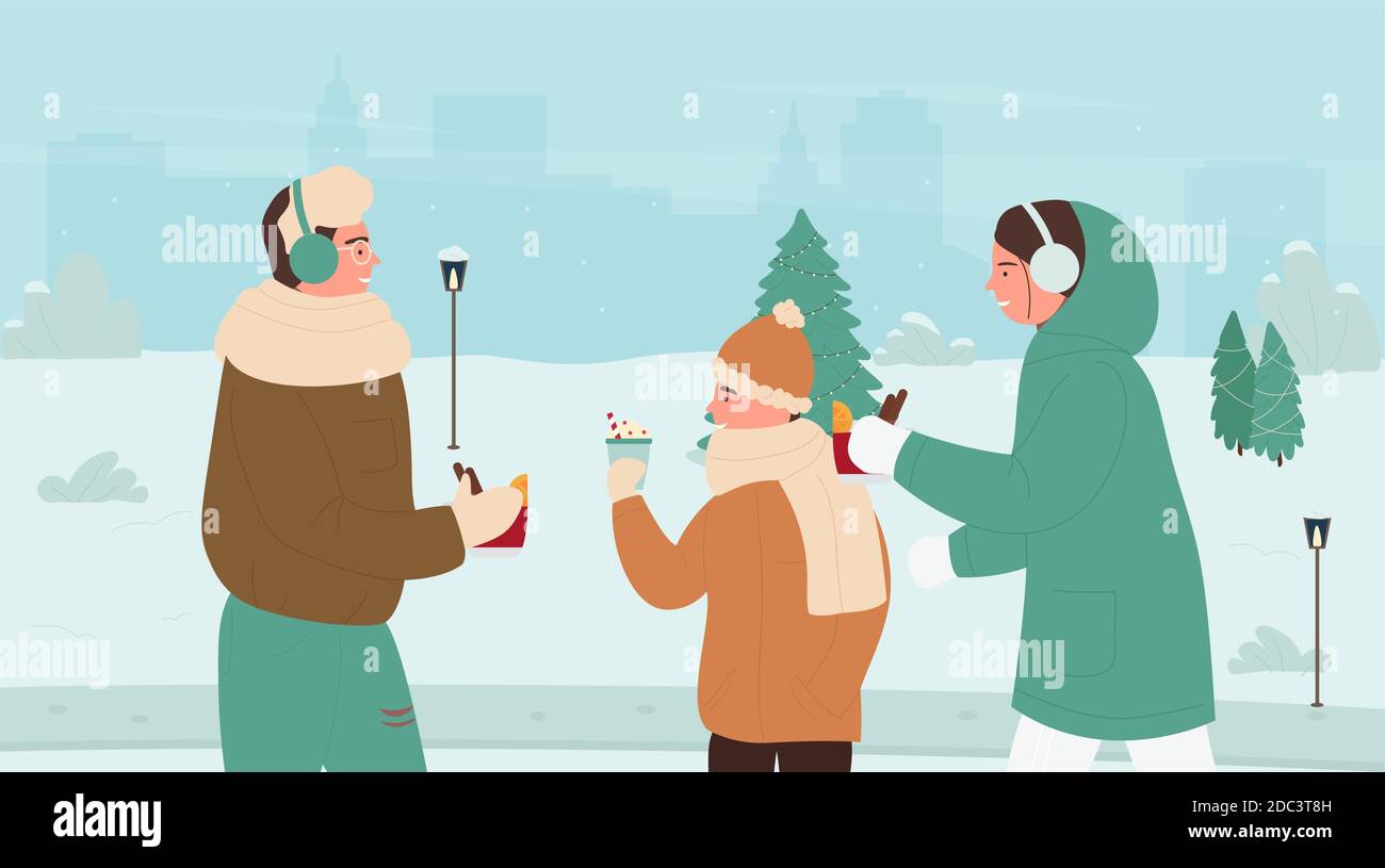 Family people drinking hot winter drinks in winter snow park landscape vector illustration. Cartoon mother, father and son boy child holding Christmas mulled wine and cocoa glasses in hands background Stock Vector