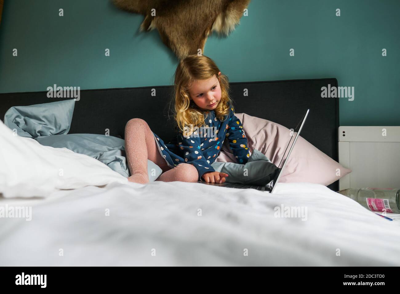 Little blond caucasian girl using laptop on bed at home. Long shot. Stock Photo