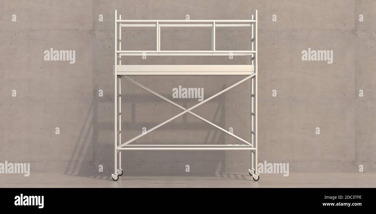 Scaffold tower on concrete wall and floor background. Scaffolding movable structrure, metal platform for construction, maintenance works with safety. Stock Photo