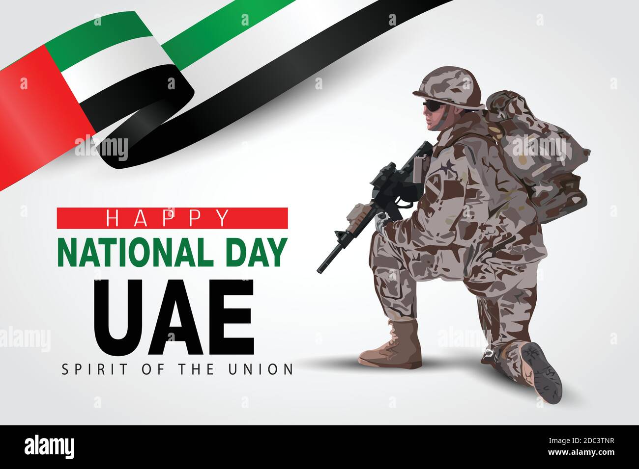 illustration of 2nd of December background for Happy national day of UAE. a soldier with gun and flag. Vector illustration. Stock Vector