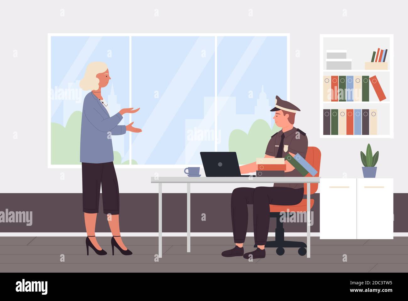 Police officer work vector illustration. Cartoon policeman character sitting at desk in police station cabinet room interior and working with woman visitor, workplace of detective worker background Stock Vector