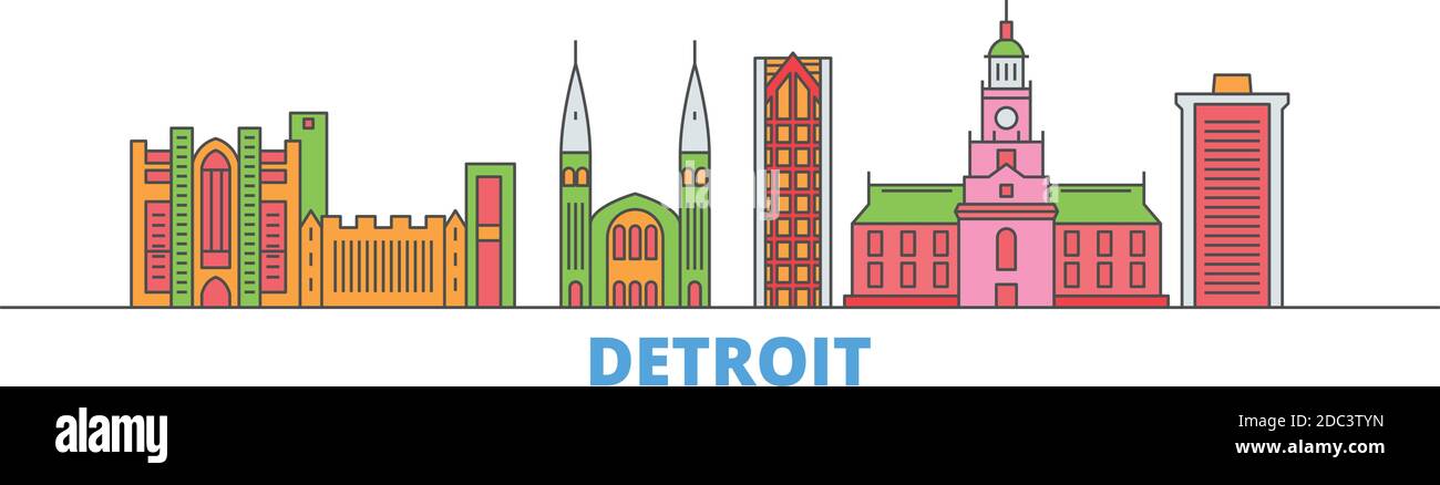 United States, Detroit line cityscape, flat vector. Travel city landmark, oultine illustration, line world icons Stock Vector