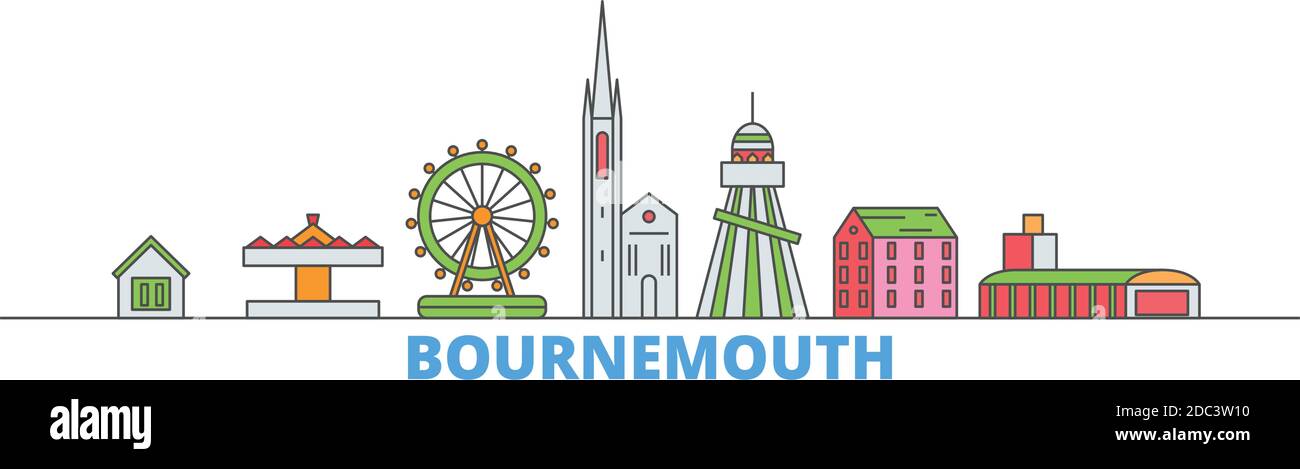 United Kingdom, Bournemouth line cityscape, flat vector. Travel city landmark, oultine illustration, line world icons Stock Vector