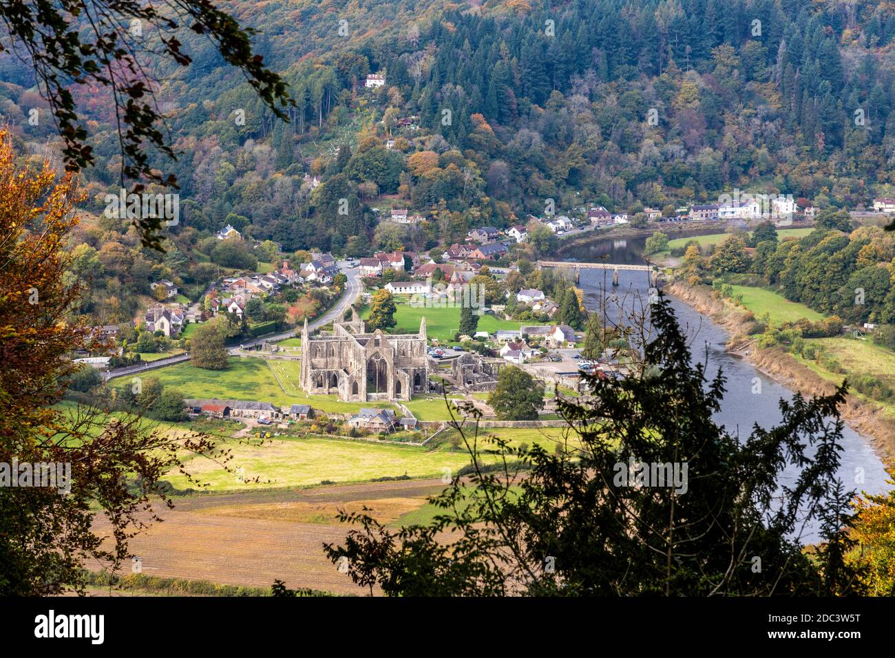 Looking down on Tintern Abbey in the Wye Valley from the Devil's Pulpit on Shorn Cliff, Tidenham Chase, Gloucestershire UK Stock Photo