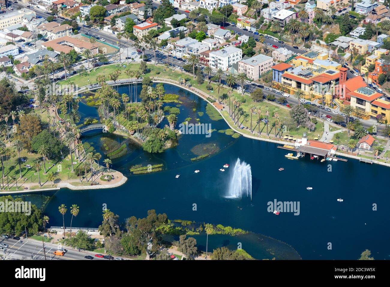 Echo Lake Park in Los Angeles, CA, USA. Aerial view of Echo Park Lake, a recreational area in Los Angeles. Stock Photo