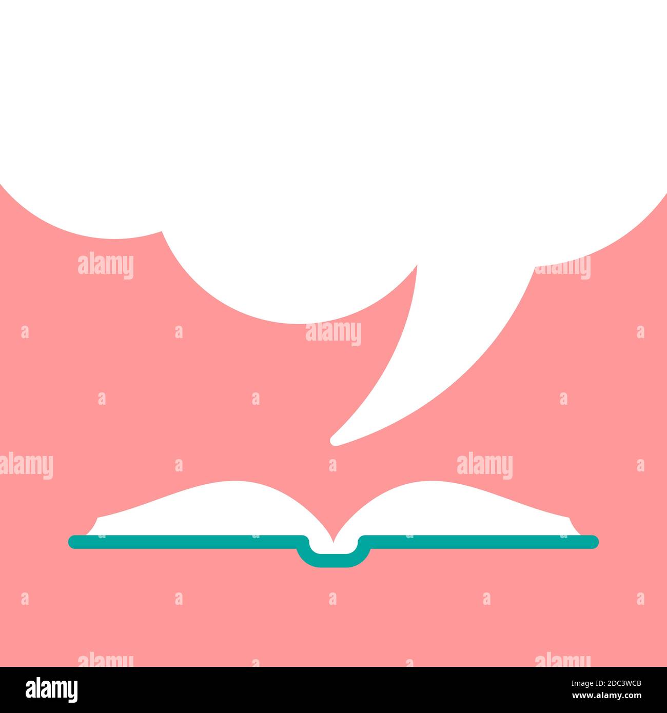 Open book with green book cover and white speech bubble flying out. Isolated on pink background. Flat reading icon. Vector illustration. quotation log Stock Vector