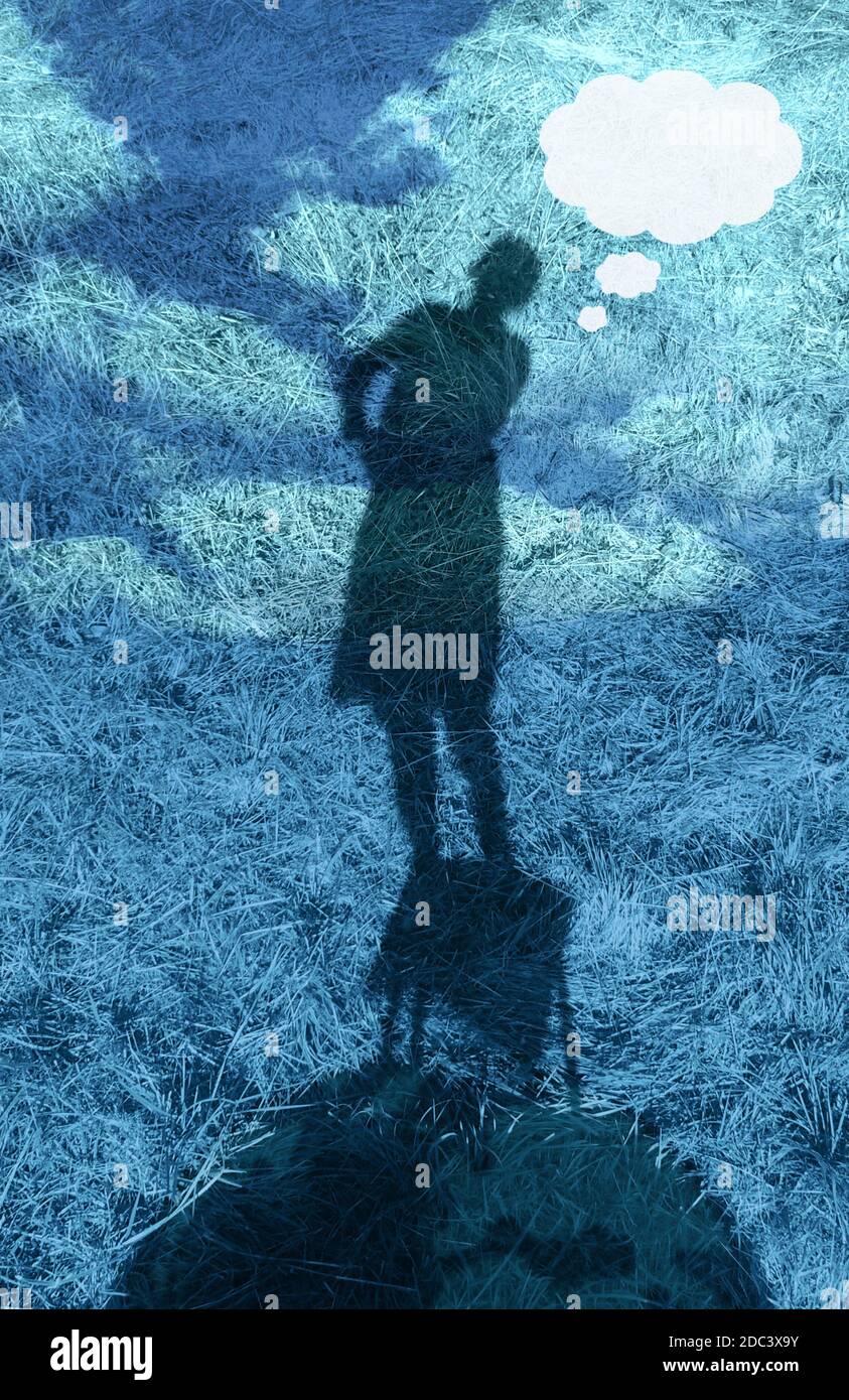 Thinking Woman Silhouette, Standing on the Earth - Textured Blue Collage Stock Photo