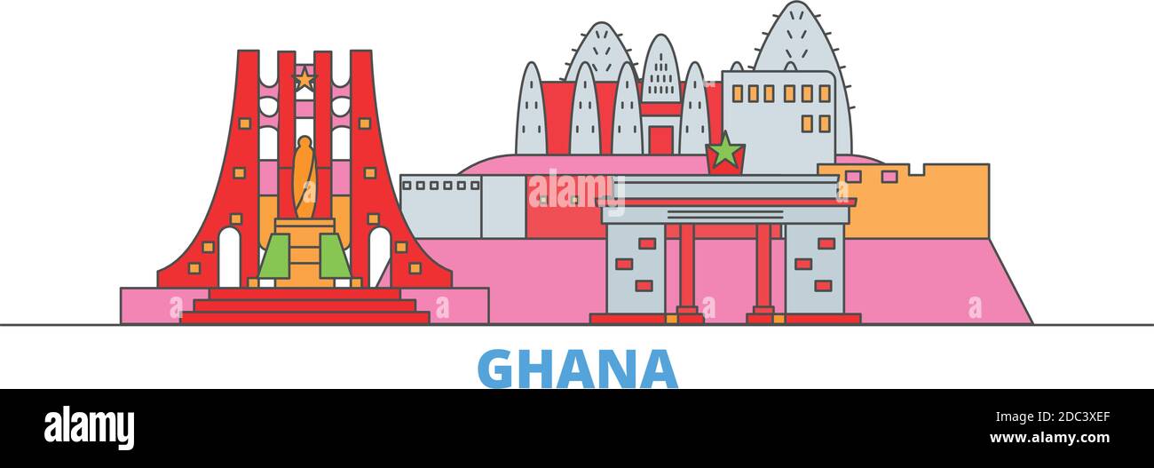 Ghana line cityscape, flat vector. Travel city landmark, oultine illustration, line world icons Stock Vector