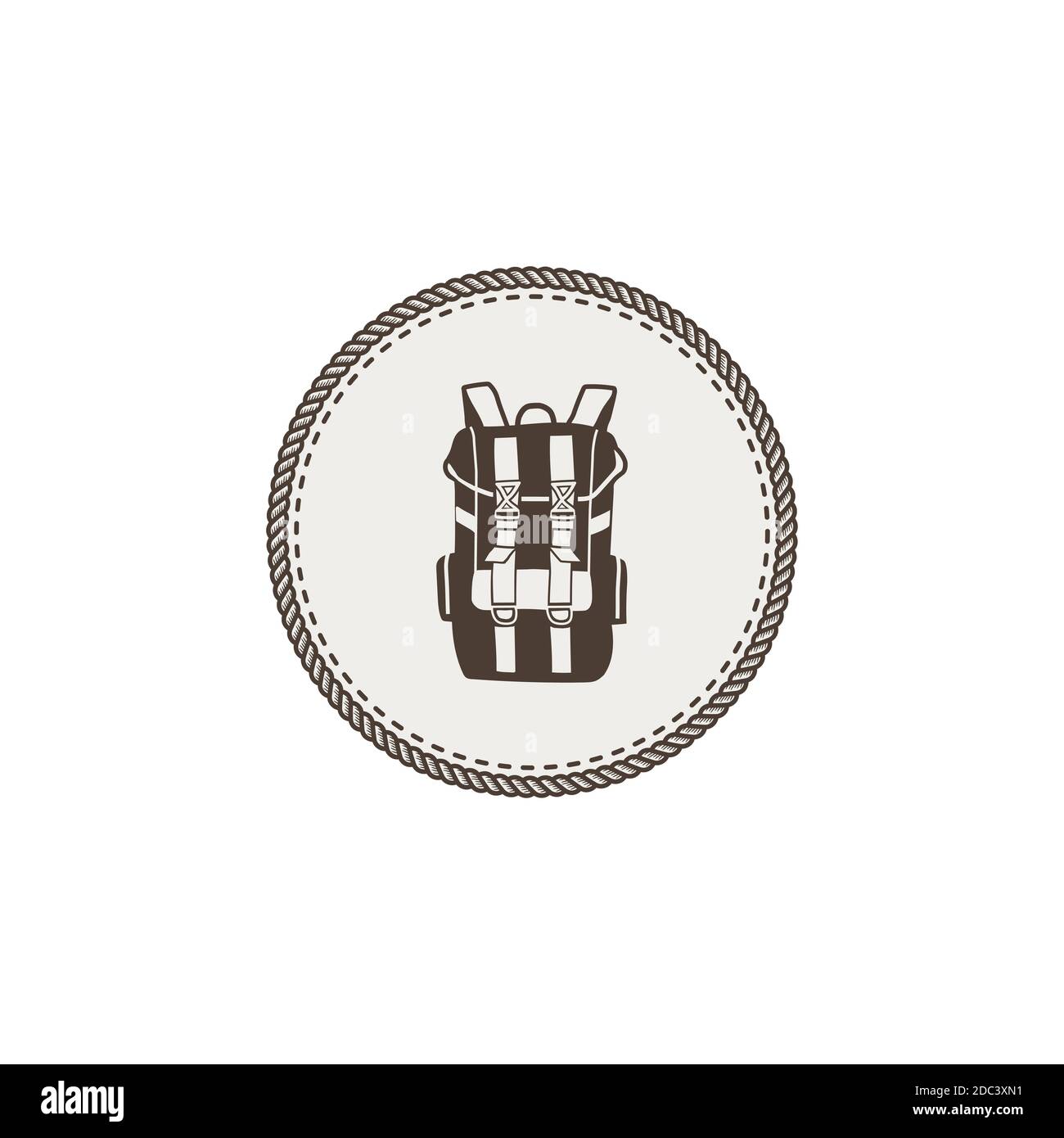 Backpack icon, patch and sticker. Vintage hand drawn outdoor adventure ...