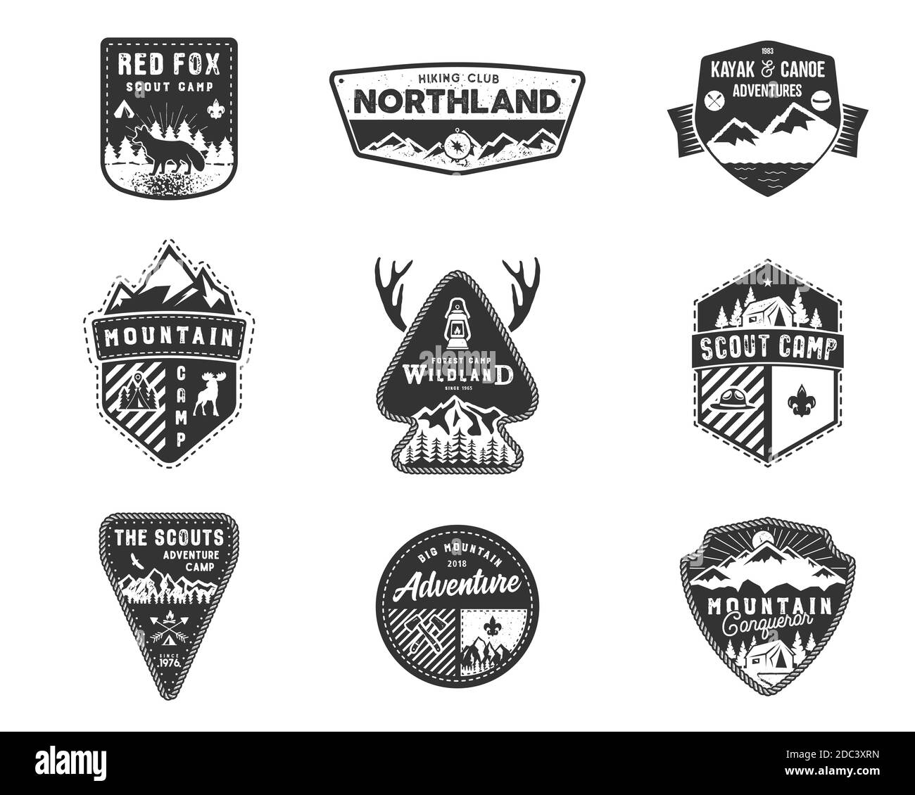 Traveling, outdoor badge collection. Scout camp emblem set. Vintage hand drawn design. Black, monochrome design. Stock illustration, insignias, rustic Stock Photo