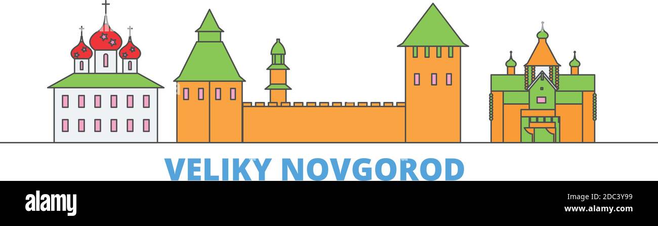 Russia, Veliki Novgorod line cityscape, flat vector. Travel city ...