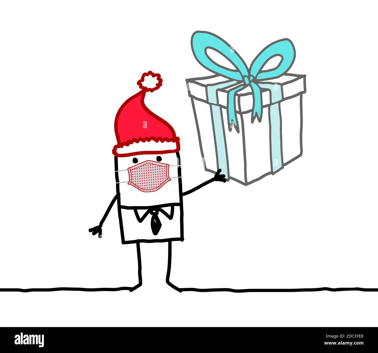Hand drawn Cartoon Santa with Protection Mask, and Big Christmas Present Stock Vector