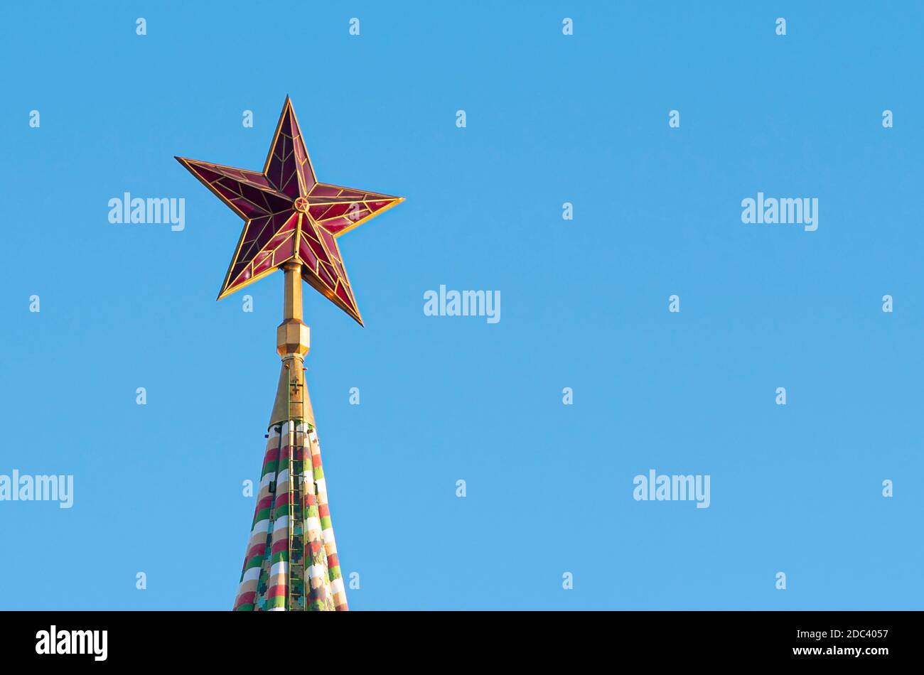 Red ruby star on top of the Spasskaya Tower of the Moscow Kremlin in Moscow, Russia Stock Photo