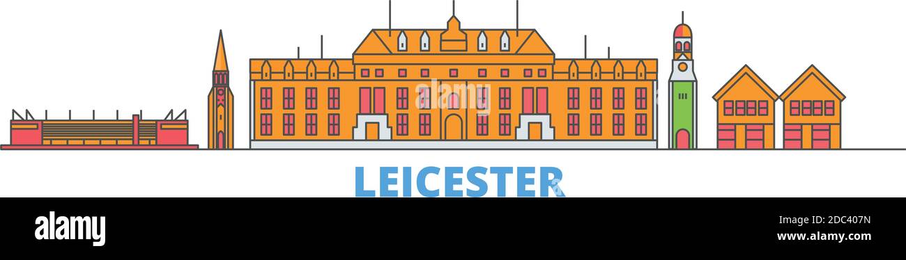 United Kingdom, Leicester line cityscape, flat vector. Travel city landmark, oultine illustration, line world icons Stock Vector