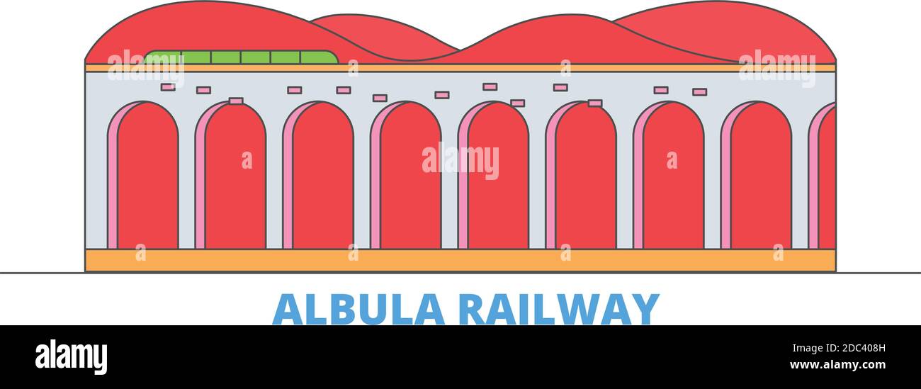 Italy, Albula Railway line cityscape, flat vector. Travel city landmark ...