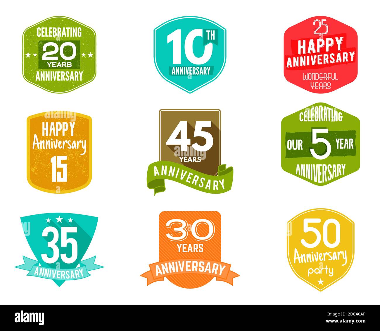 Anniversary badges, signs and emblems collection in different style - retro design, flat. Easy to edit and use your number, text. illustration isolate Stock Photo