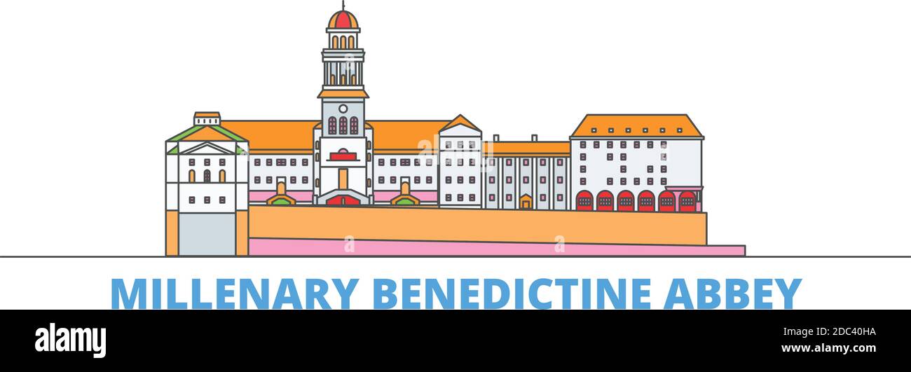 Hungary, Millenary Benedictine Abbey line cityscape, flat vector. Travel city landmark, oultine illustration, line world icons Stock Vector