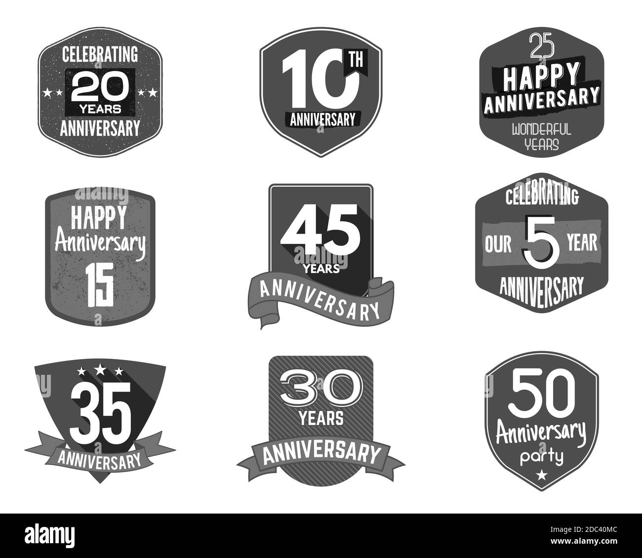 Anniversary badges, signs and emblems collection in different style - retro design, flat. Easy to edit use your number, text. illustration isolate on Stock Photo