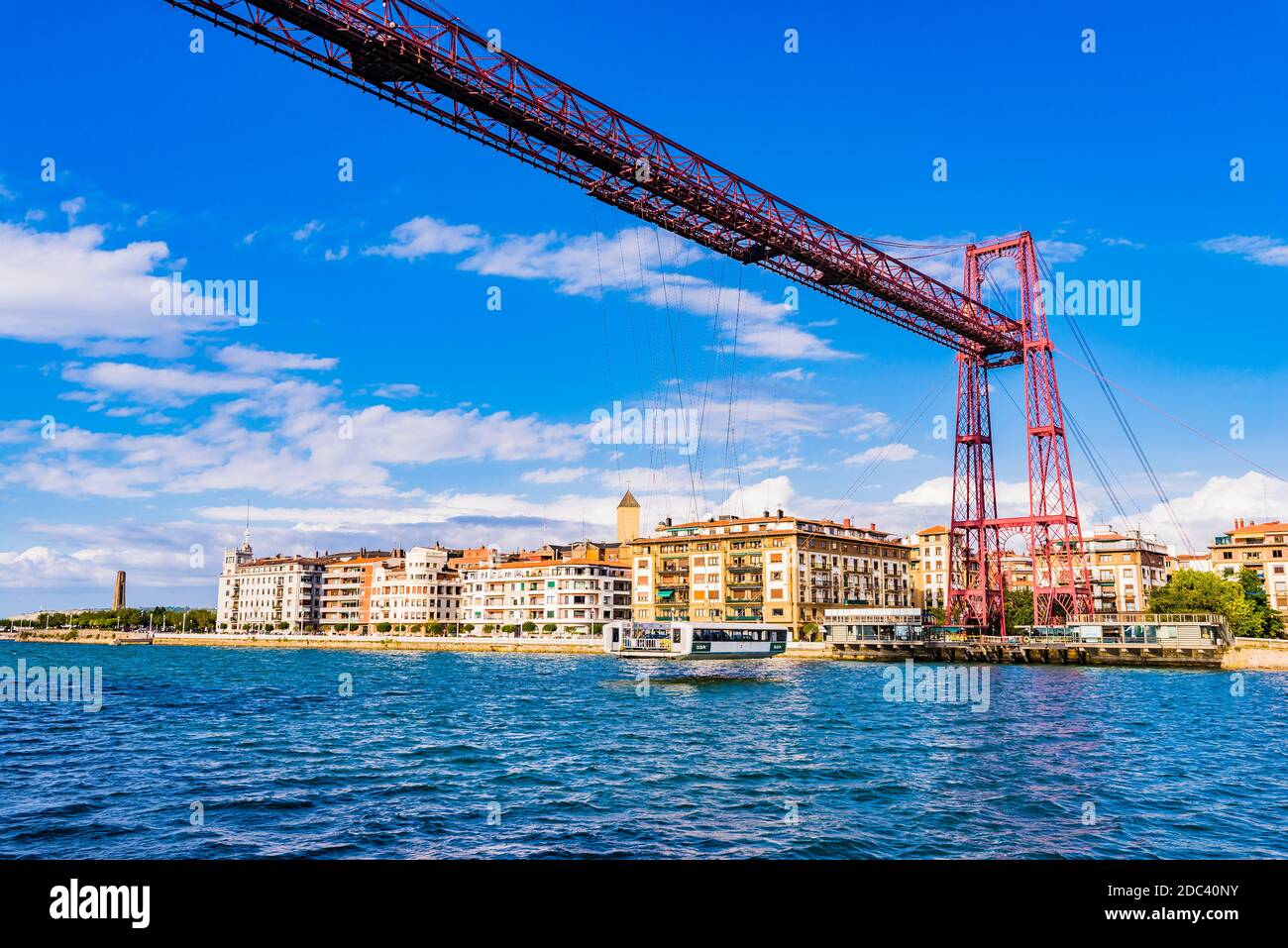 The Vizcaya Bridge is a transporter bridge that links the towns of Portugalete and Las Arenas, part of Getxo, in the Biscay province of Spain, crossin Stock Photo