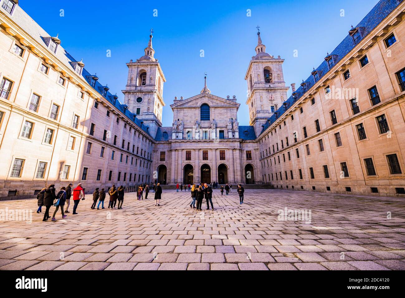 Courtyard of the Kings and the Basilica. The Royal Site of San Lorenzo de El Escorial. San Lorenzo de El Escorial, Madrid, Spain, Europe Stock Photo