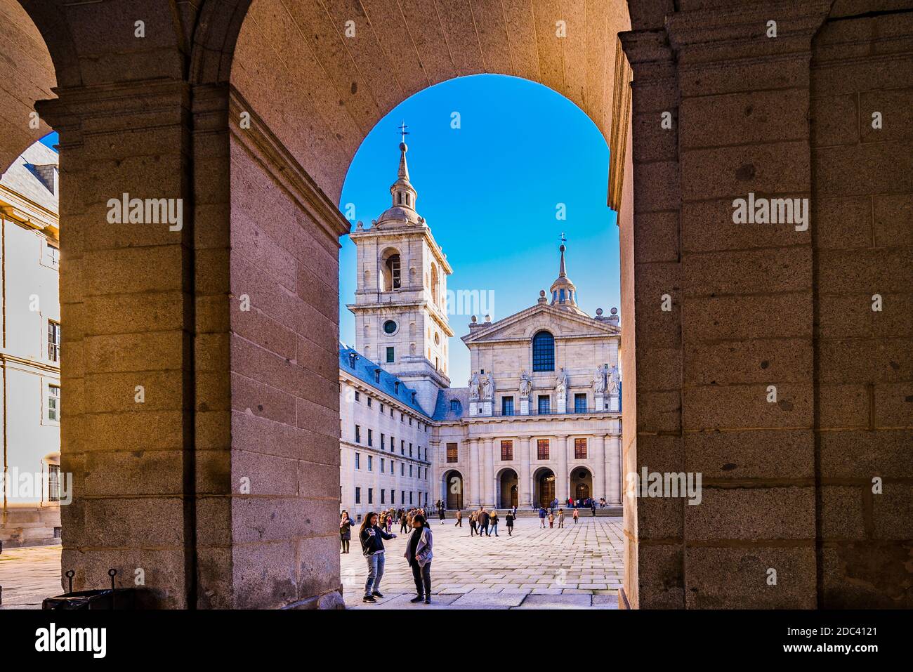 Courtyard of the Kings and the Basilica. The Royal Site of San Lorenzo de El Escorial. San Lorenzo de El Escorial, Madrid, Spain, Europe Stock Photo